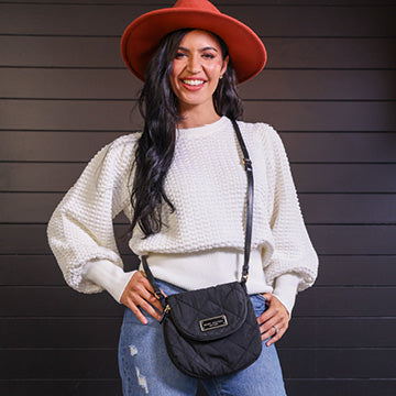 Louise Roe wearing Brahmin crossbody bag with jeans and white shirt 1 -  Front Roe by Louise Roe