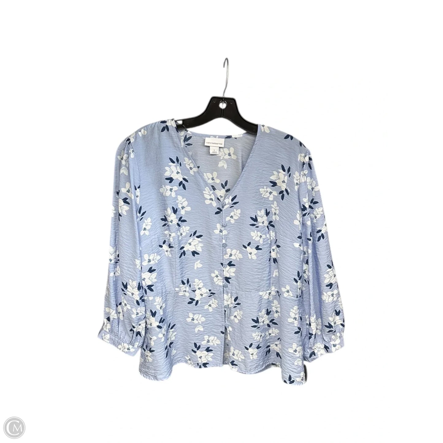 Top Long Sleeve By Liz Claiborne In Blue & White, Size: L