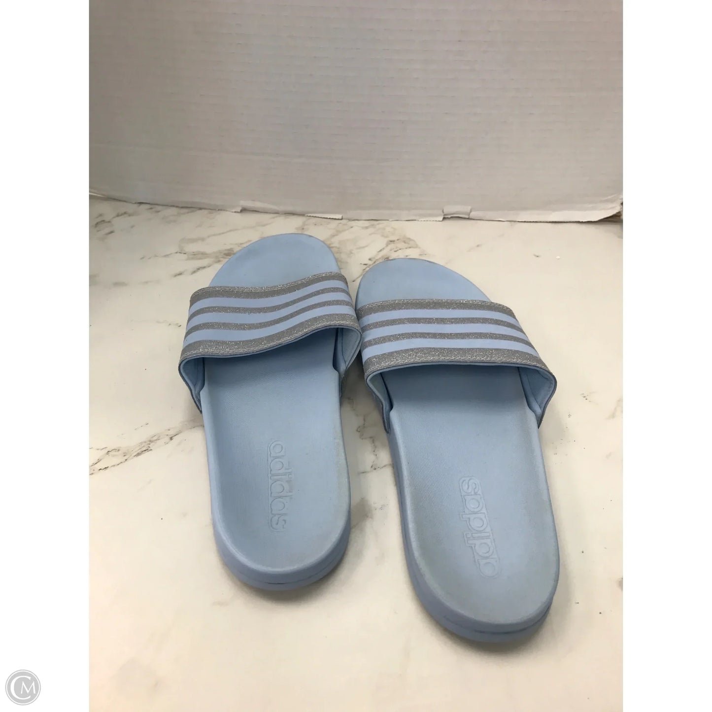 Sandals Flip Flops By Adidas In Blue & Silver, Size: 7