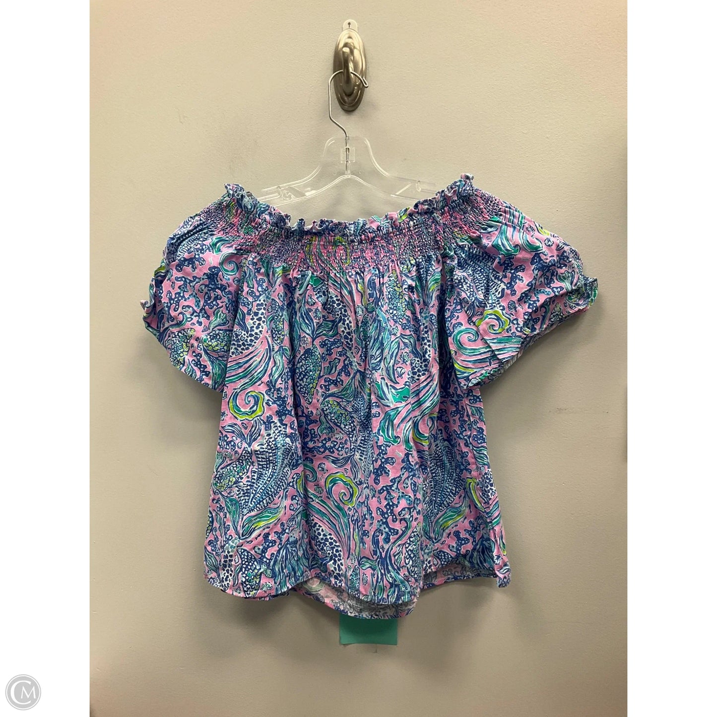Top Short Sleeve Designer By Lilly Pulitzer In Blue & Pink, Size: S