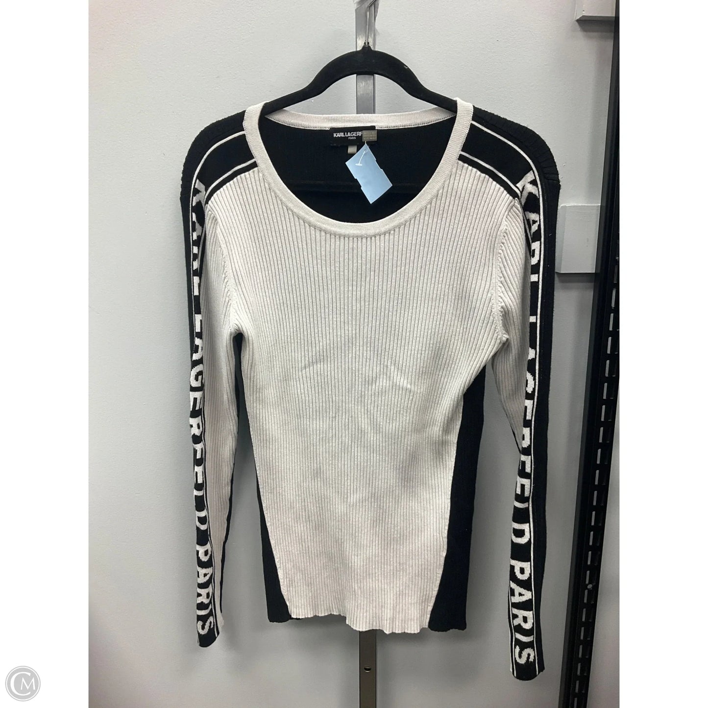 Top Long Sleeve Designer By Karl Lagerfeld In Black & Cream, Size: L