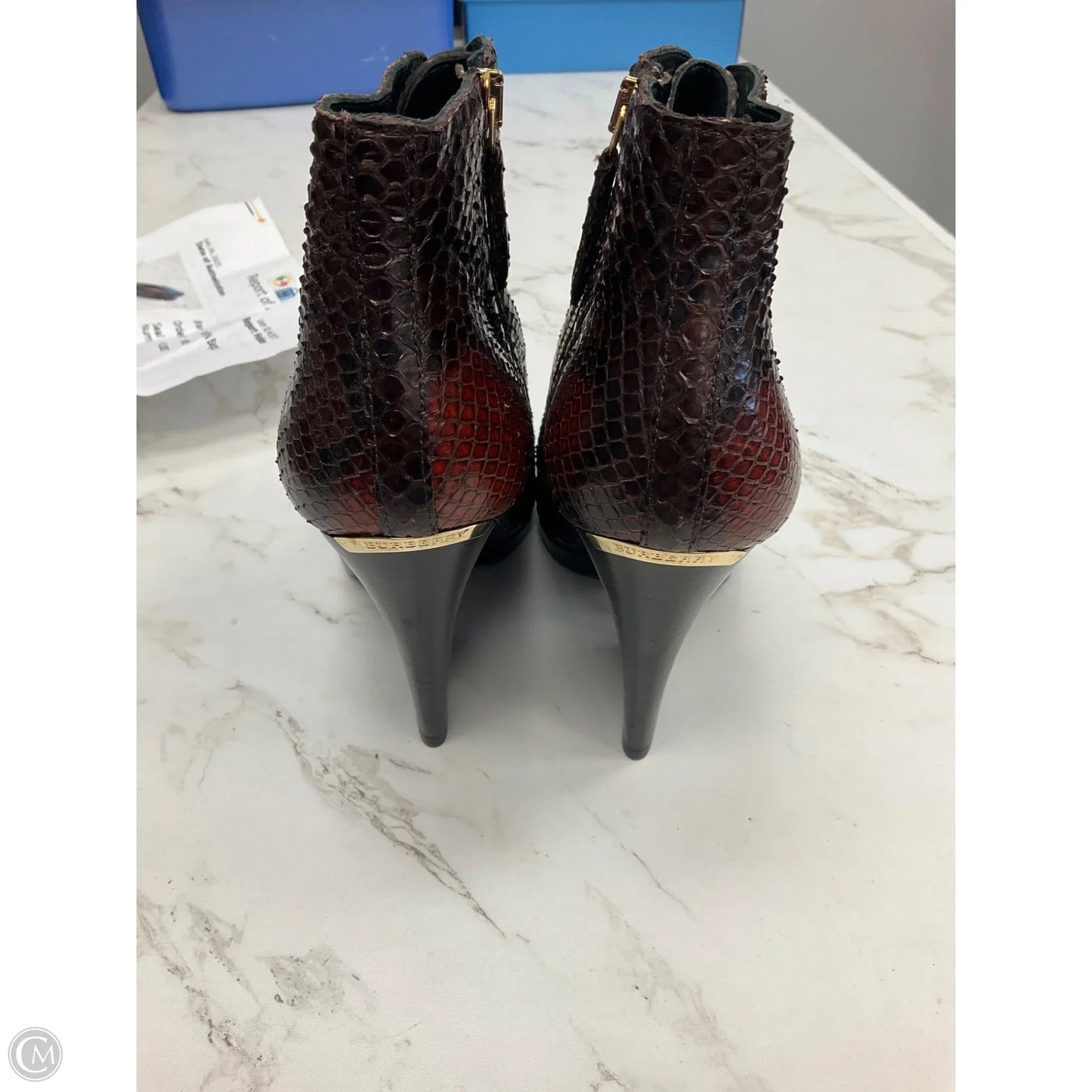 Boots Luxury Designer By Burberry In Snakeskin Print, Size: 7.5