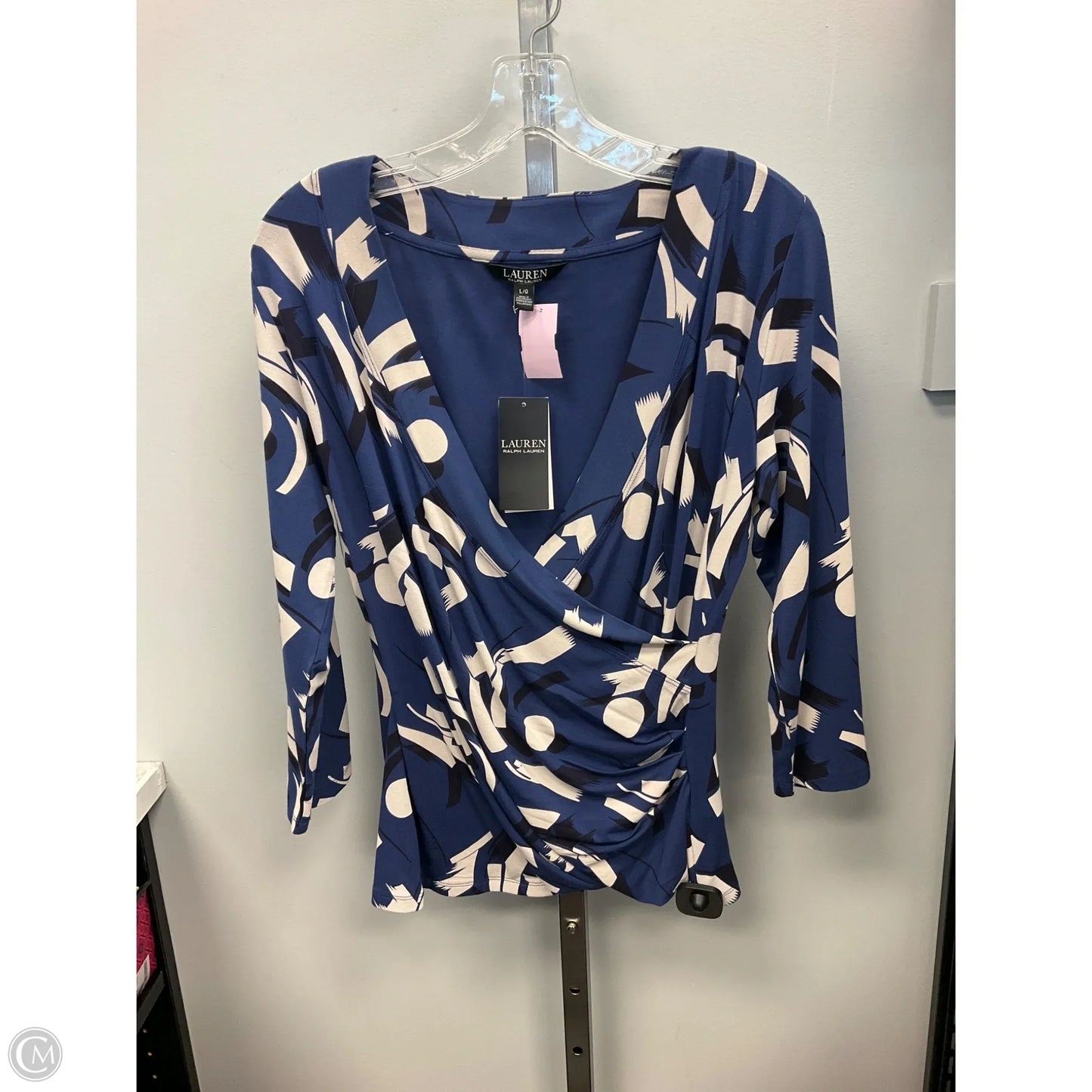 Top Long Sleeve By Lauren By Ralph Lauren In Blue & Cream, Size: L