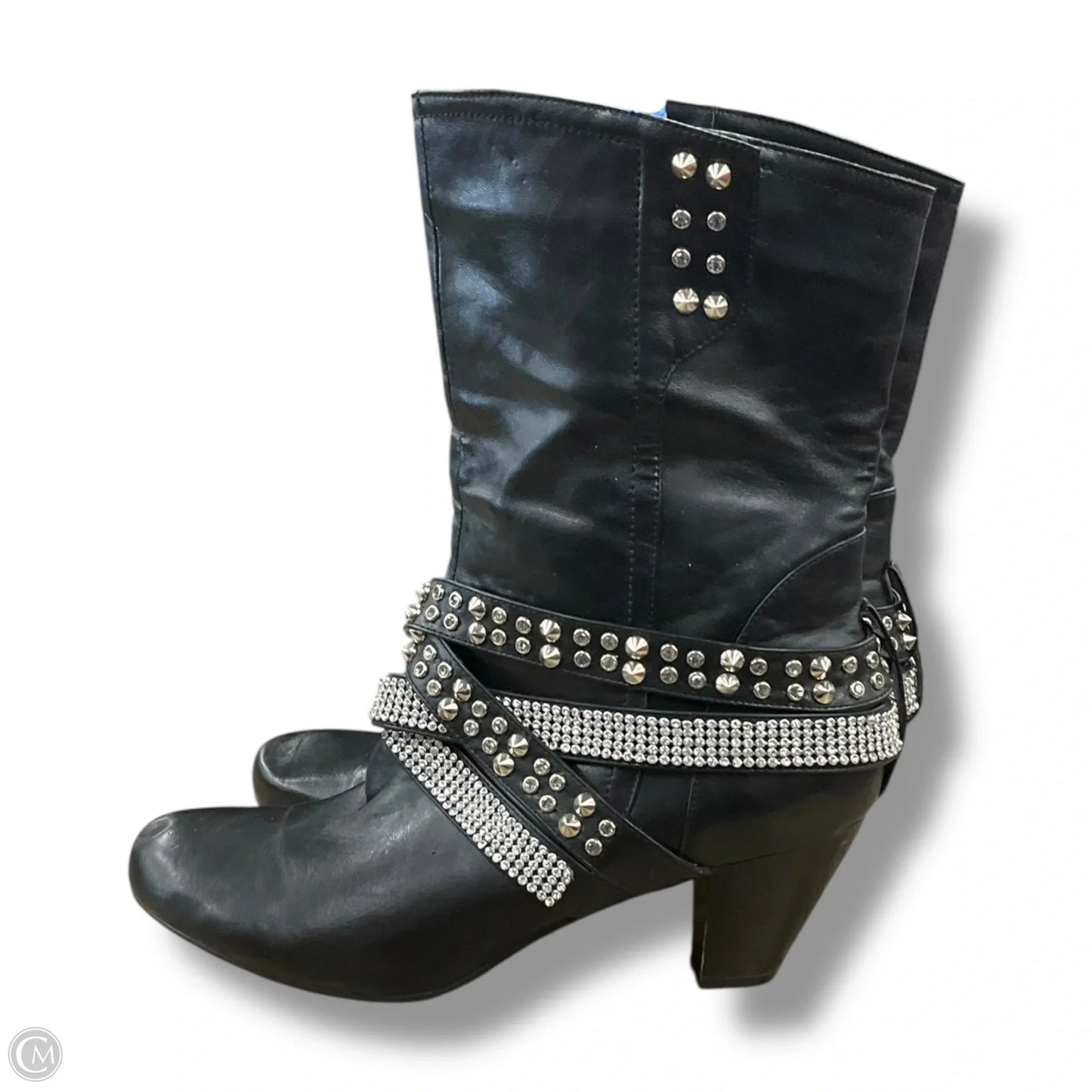 Boots Mid-calf Heels By Clothes Mentor In Black & Silver, Size: 11