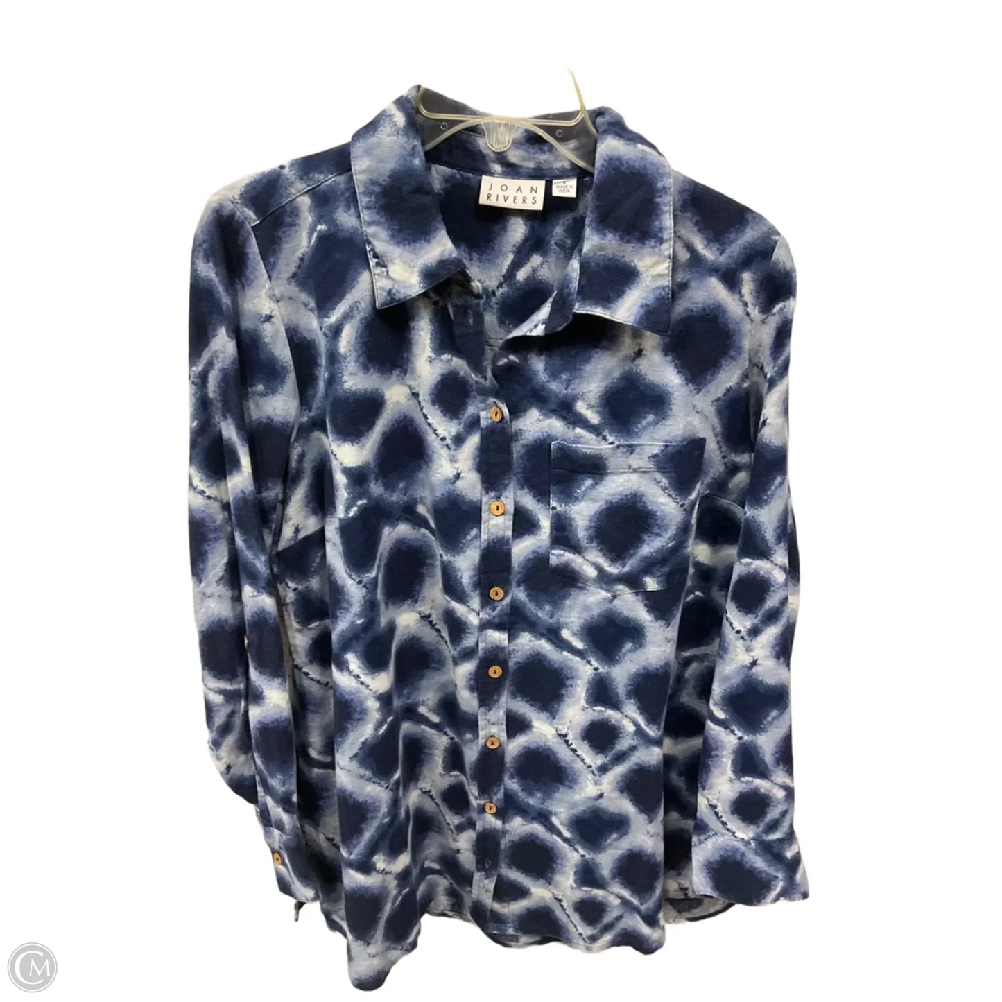 Blouse Long Sleeve By Joan Rivers In Blue & White, Size: S