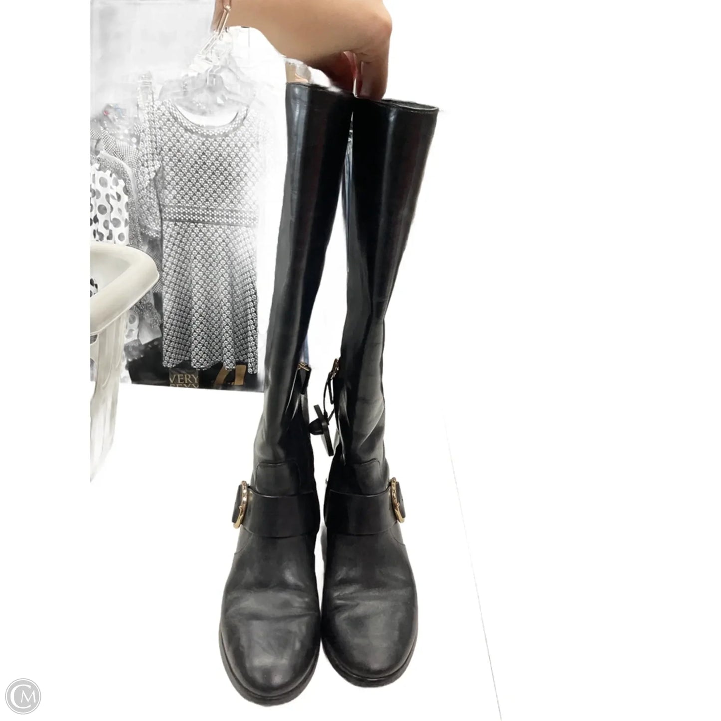 Boots Designer By Tory Burch In Black & Gold, Size: 6.5