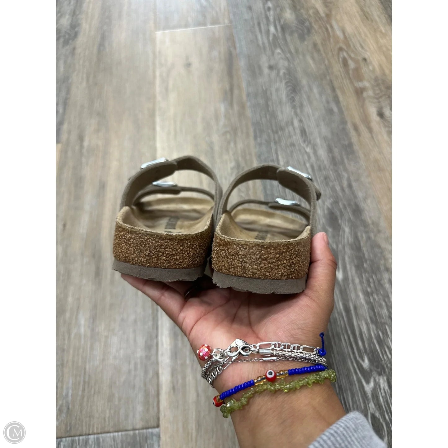 Sandals Flats By Birkenstock In Silver, Size: 7