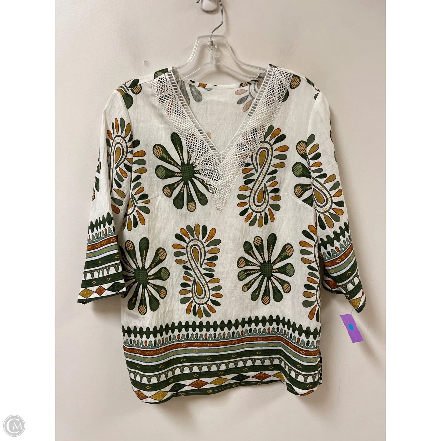 Tunic Long Sleeve By Clothes Mentor In Green & White, Size: S