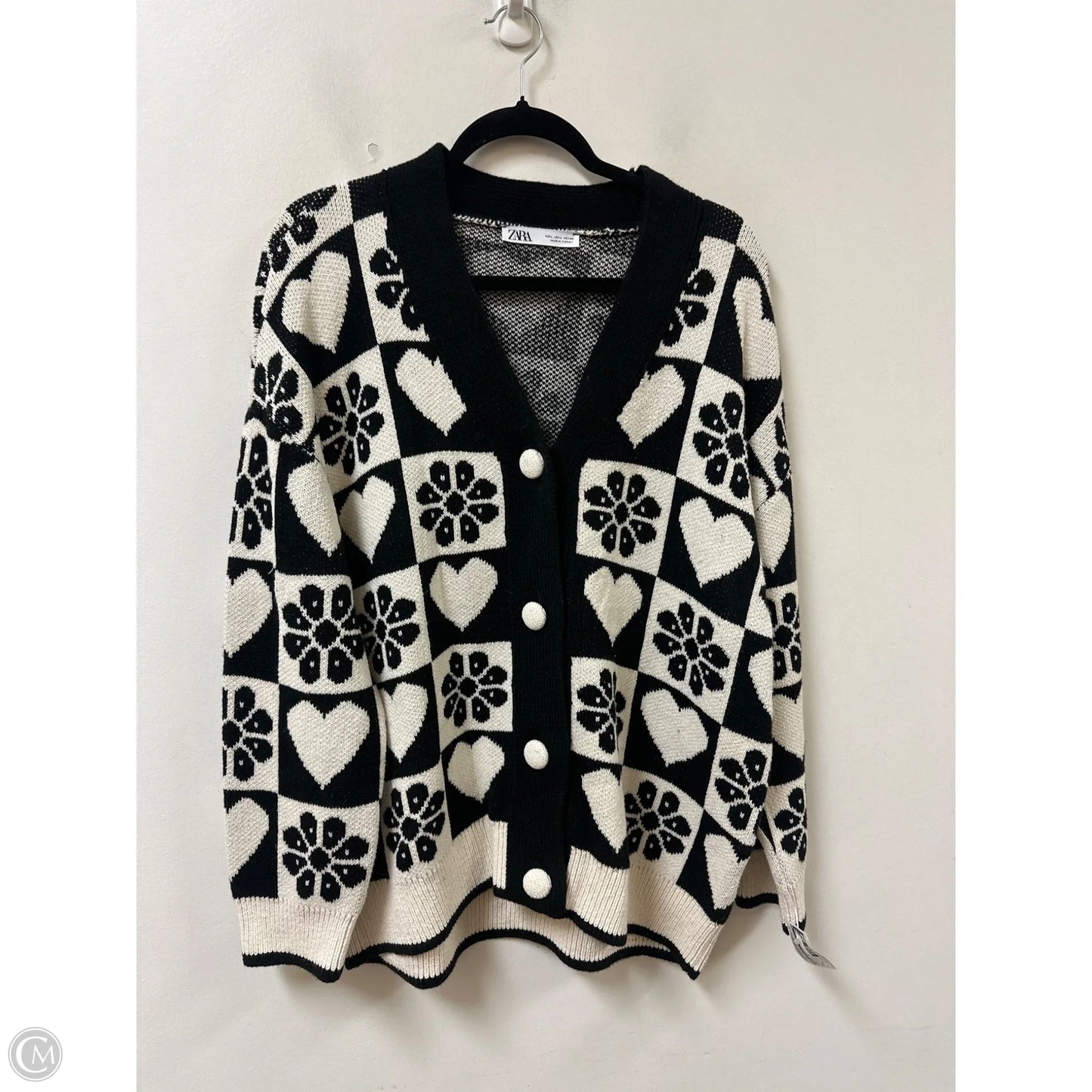 Sweater Cardigan By Zara In Black & White, Size: L