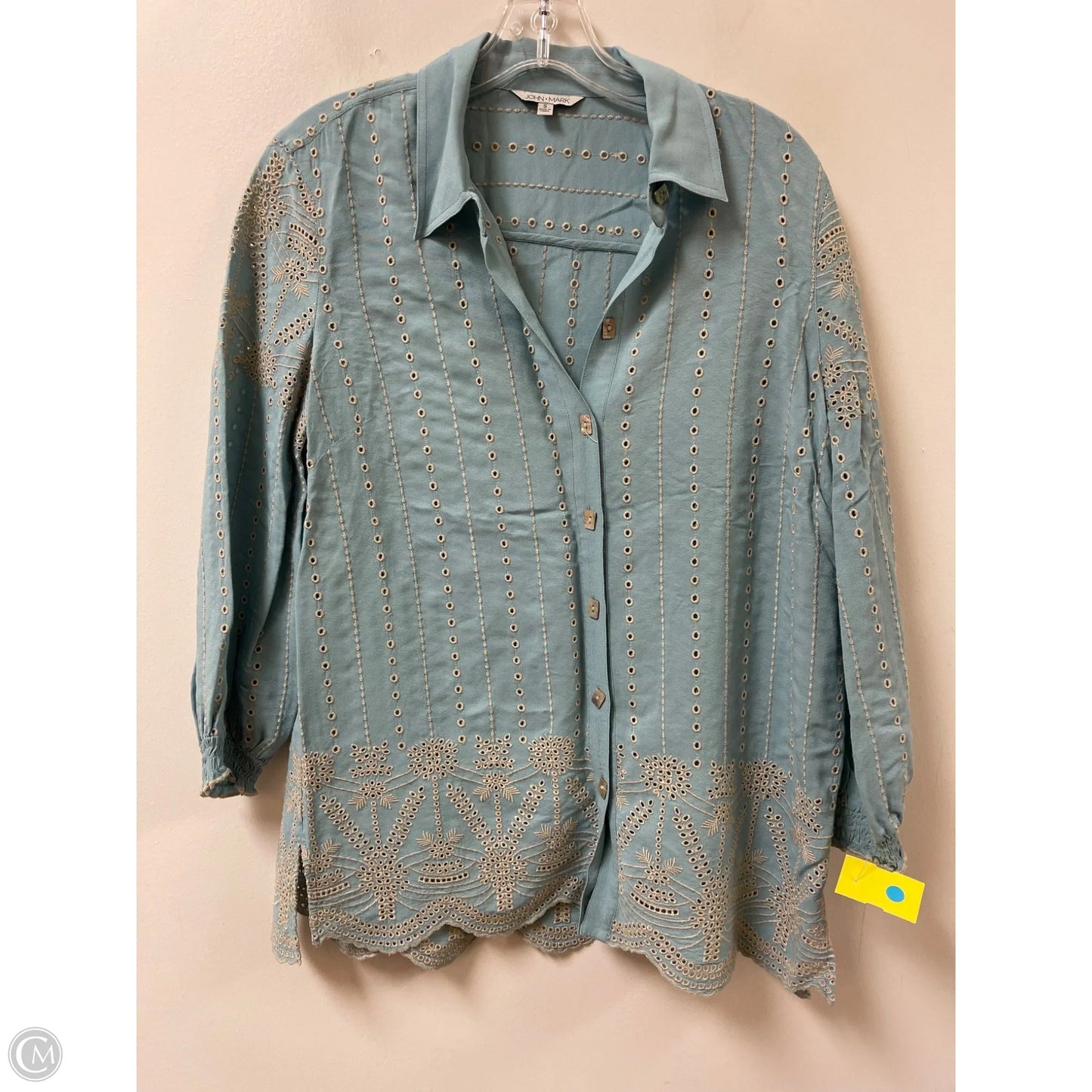 Blouse Long Sleeve By John Mark In Blue & Cream, Size: S