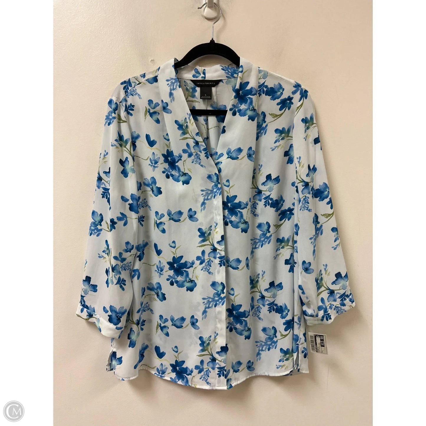 Blouse Long Sleeve By Investments In Blue & White, Size: L