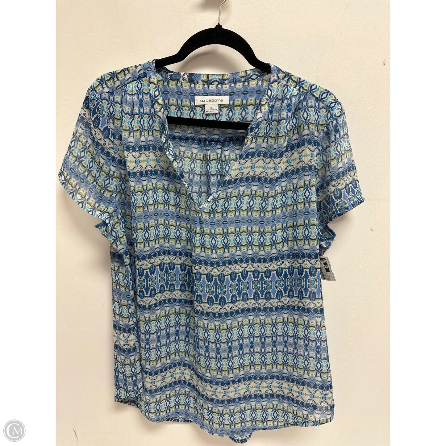 Top Short Sleeve By Liz Claiborne In Blue & White, Size: Xl
