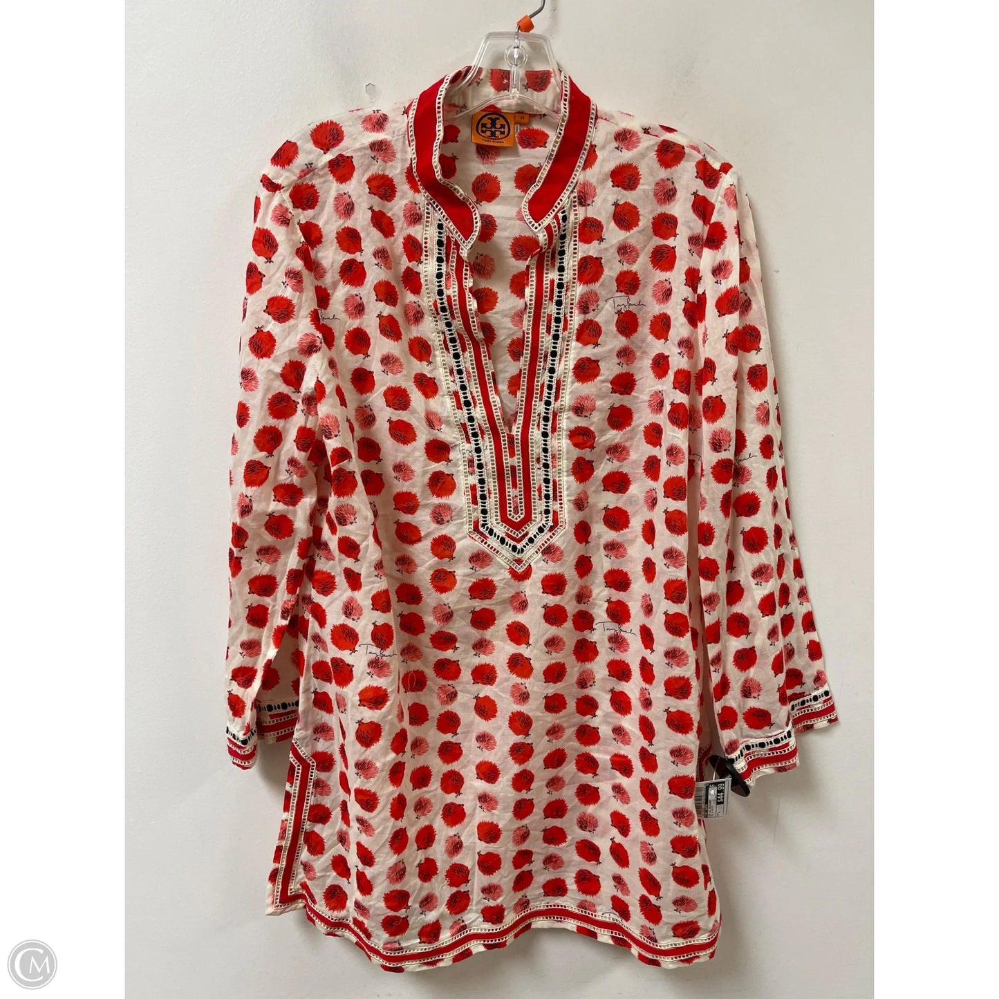 Top Long Sleeve Designer By Tory Burch In Red & White, Size: L