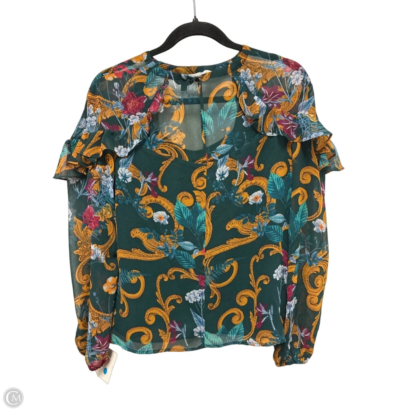 Top Long Sleeve By Guess In Green & Yellow, Size: S