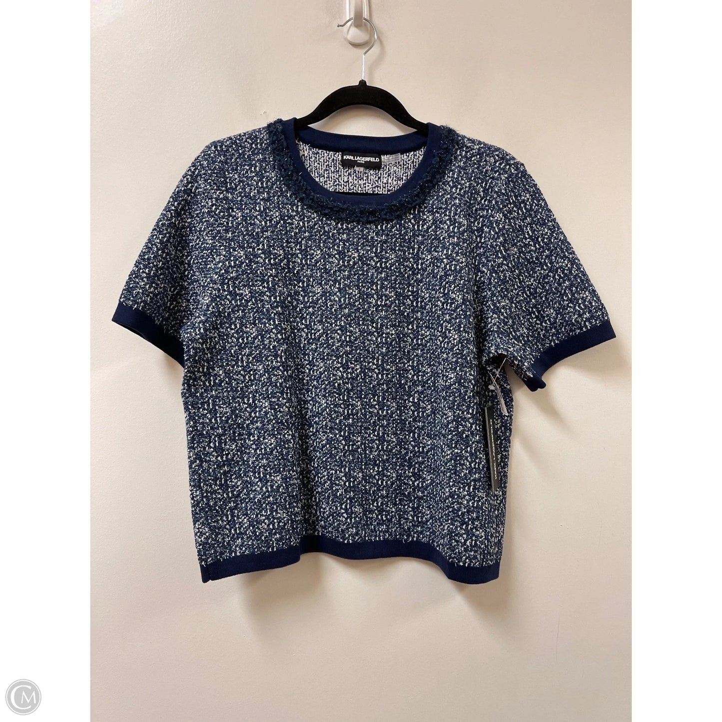 Top Short Sleeve Designer By Karl Lagerfeld In Blue & White, Size: L