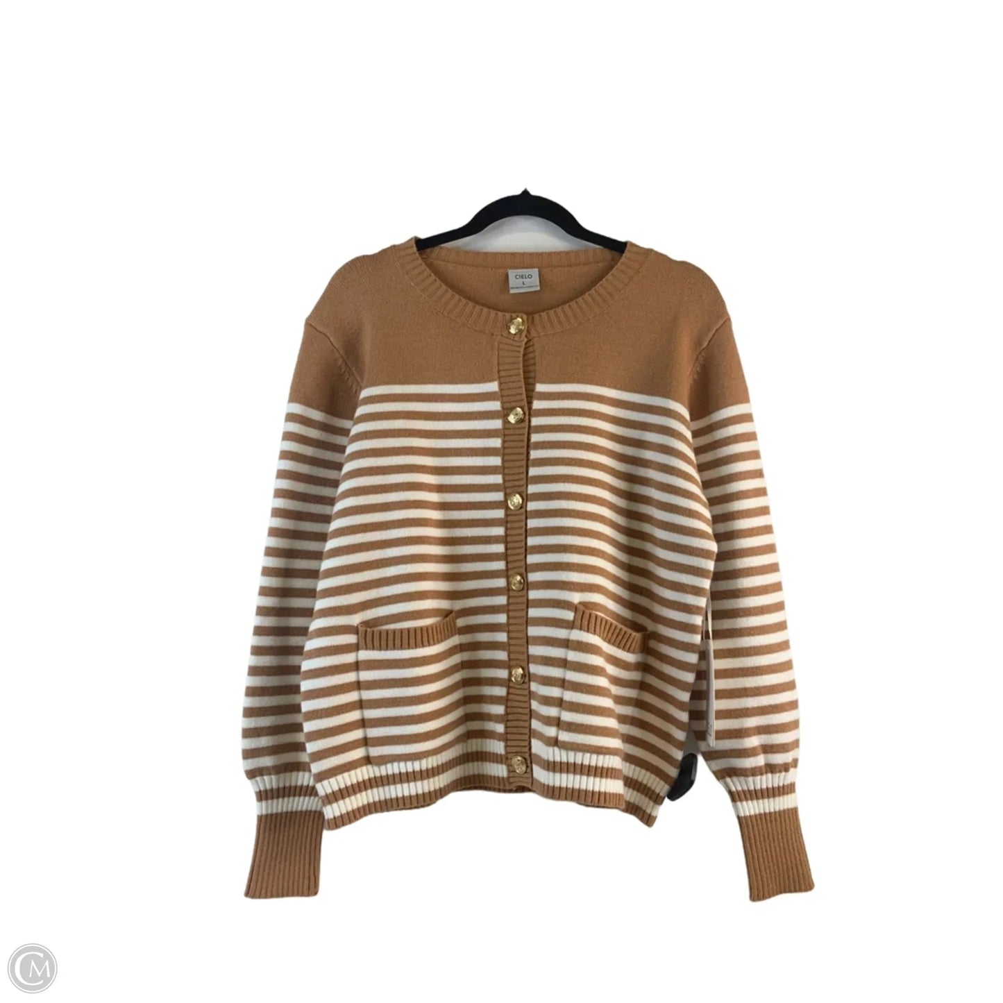 Sweater Cardigan By Cielo In Tan & White, Size: L