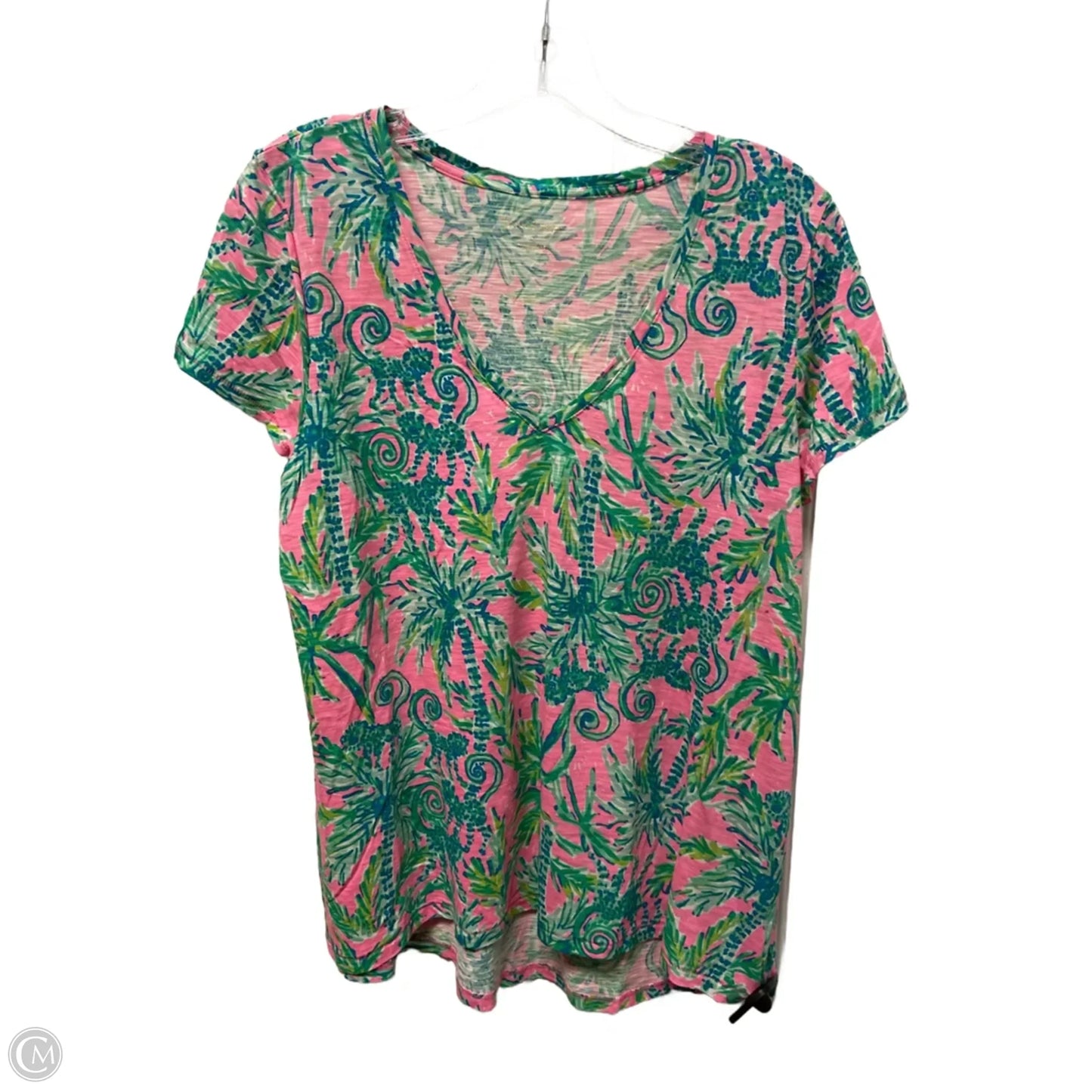 Top Short Sleeve Designer By Lilly Pulitzer In Green & Pink, Size: L