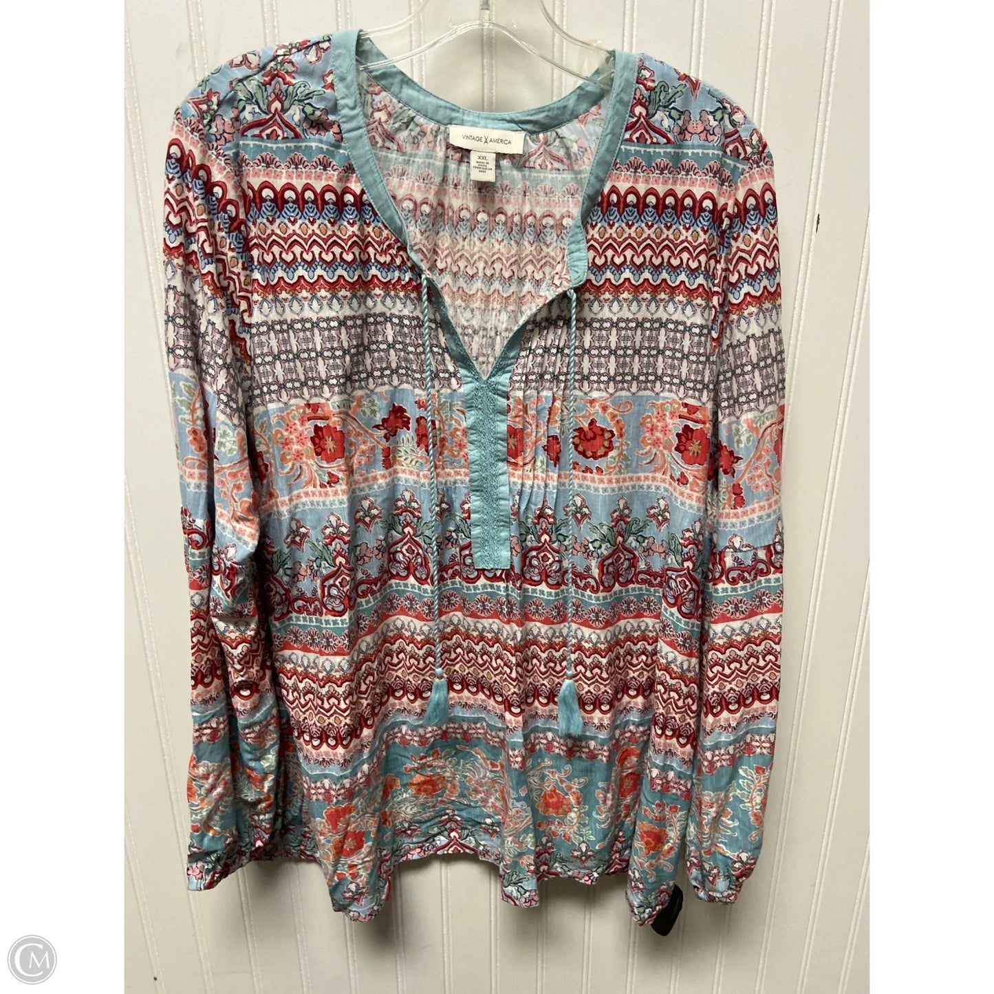 Top Long Sleeve By Vintage America In Blue Red & White, Size: 1x