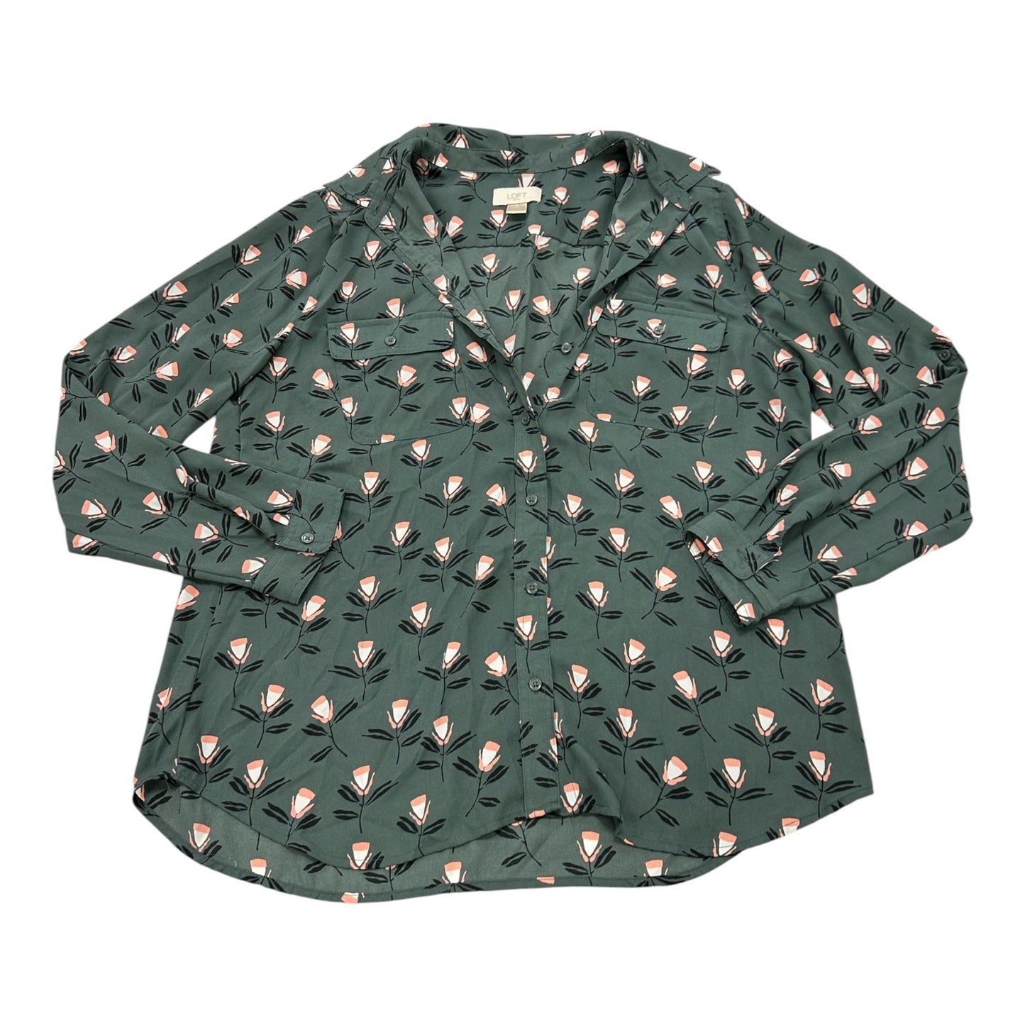 Blouse Ls By Loft In Green & Pink, Size:L