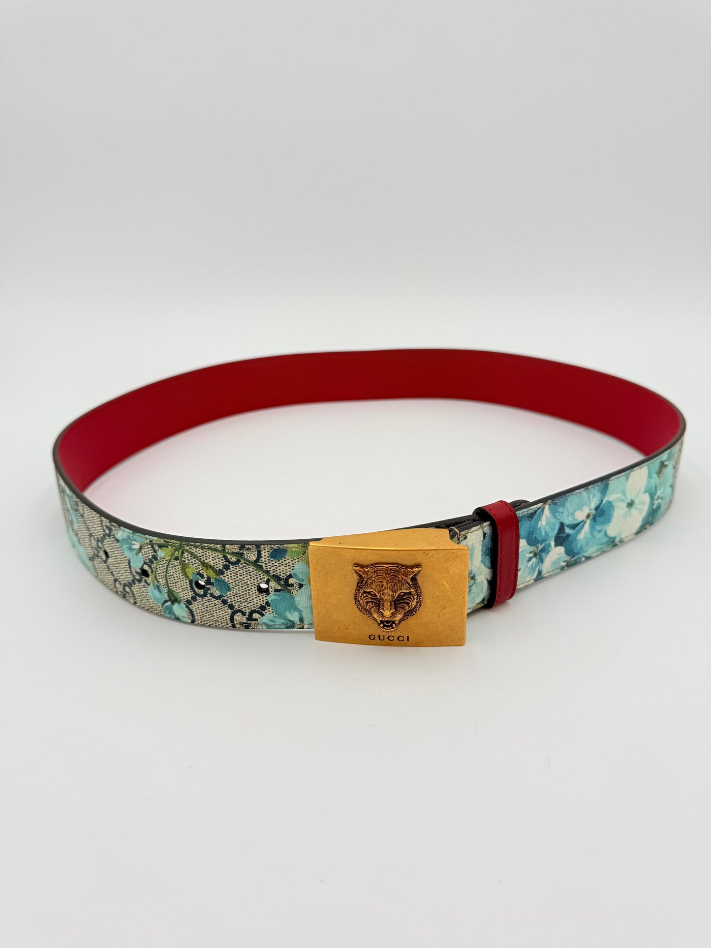 Belt Luxury Designer By Gucci In Blue & Tan, Size:Medium