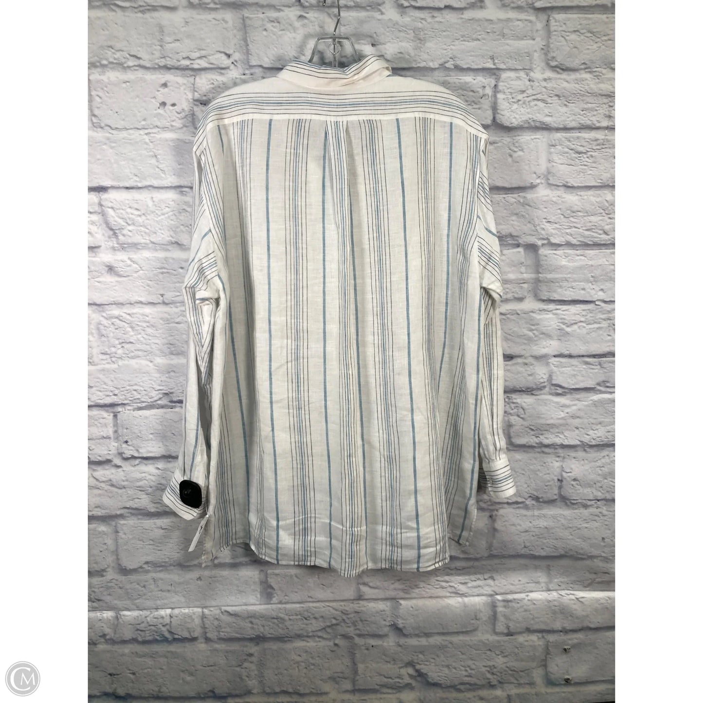 Top Long Sleeve Designer By Lafayette 148 In Blue & White, Size: L