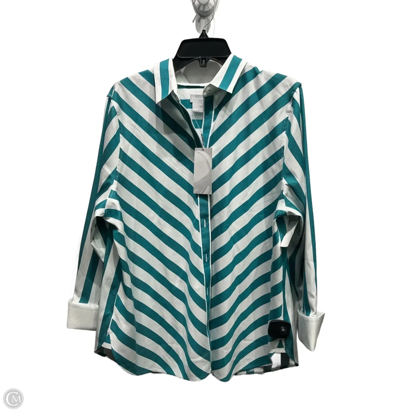 Top Long Sleeve By Chicos In Green & White, Size: Xl