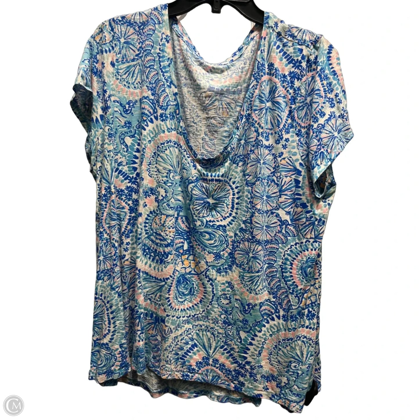 Top Short Sleeve Designer By Lilly Pulitzer In Blue & White, Size: Xxl