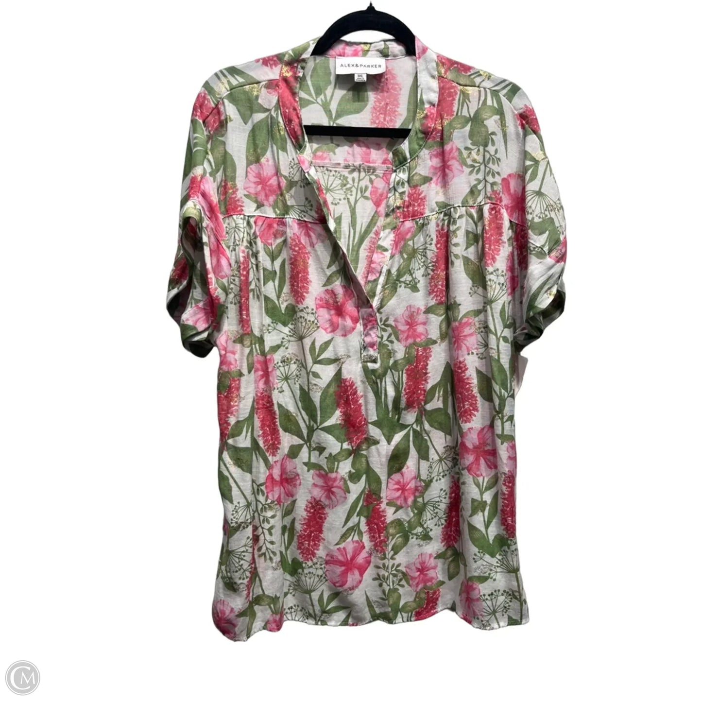 Top Short Sleeve By ALEX & PARKER In Green & Pink, Size: 1x