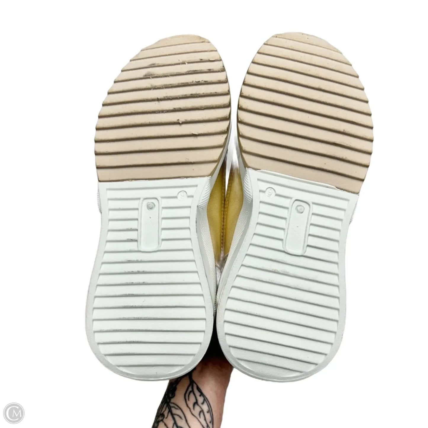 Shoes Sneakers By Bebe In White & Gold, Size: 9