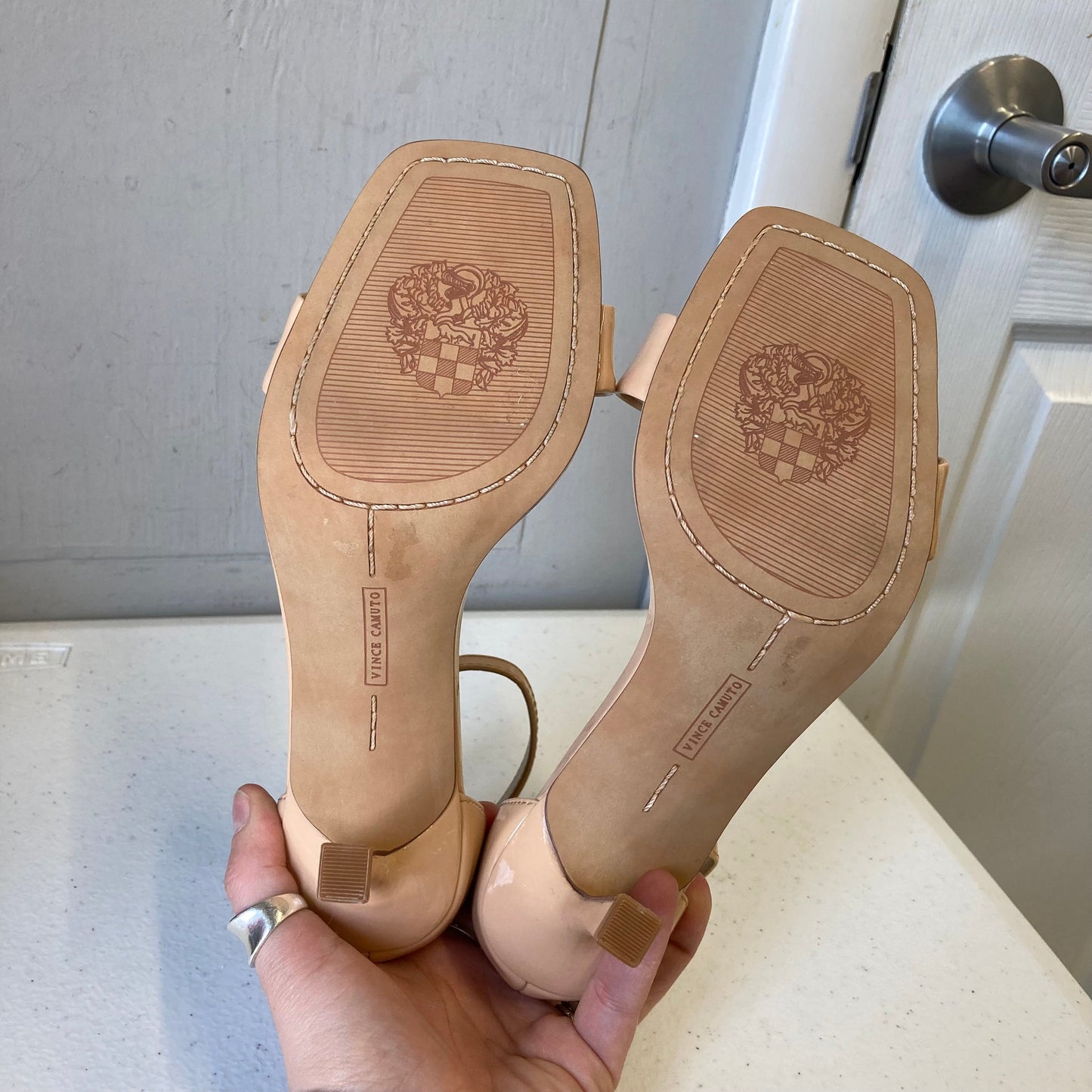 Sandals Heels Stiletto By Vince Camuto In Beige, Size:5