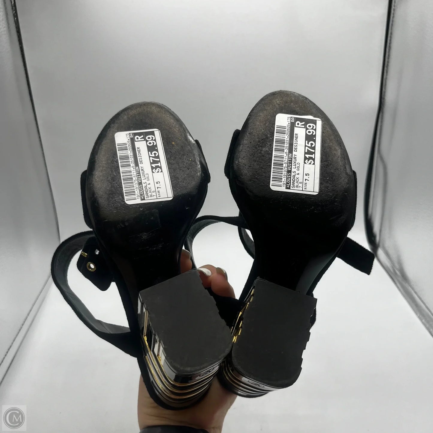 Sandals Luxury Designer By Louis Vuitton In Black & Gold, Size: 7.5