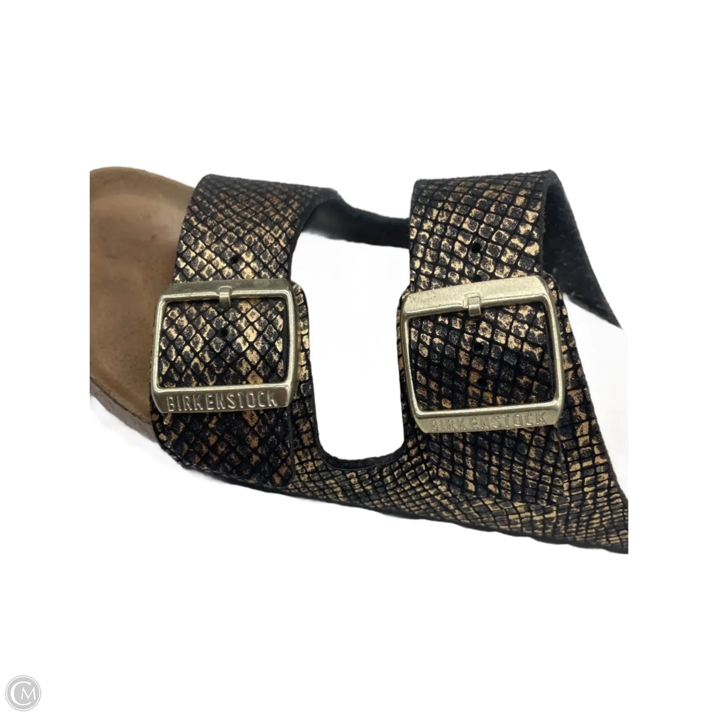 Sandals Flats By Birkenstock In Black & Gold, Size: 6