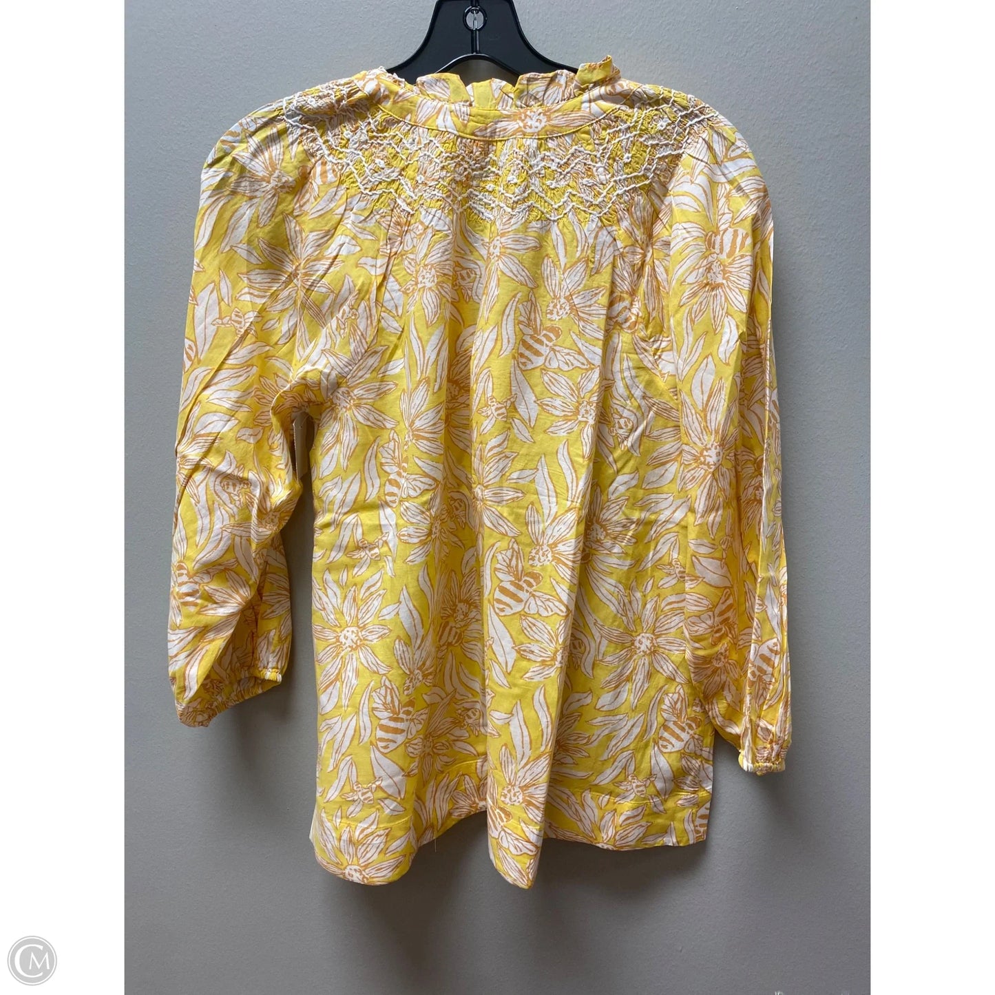 Top Long Sleeve Designer By Lilly Pulitzer In White & Yellow, Size: S