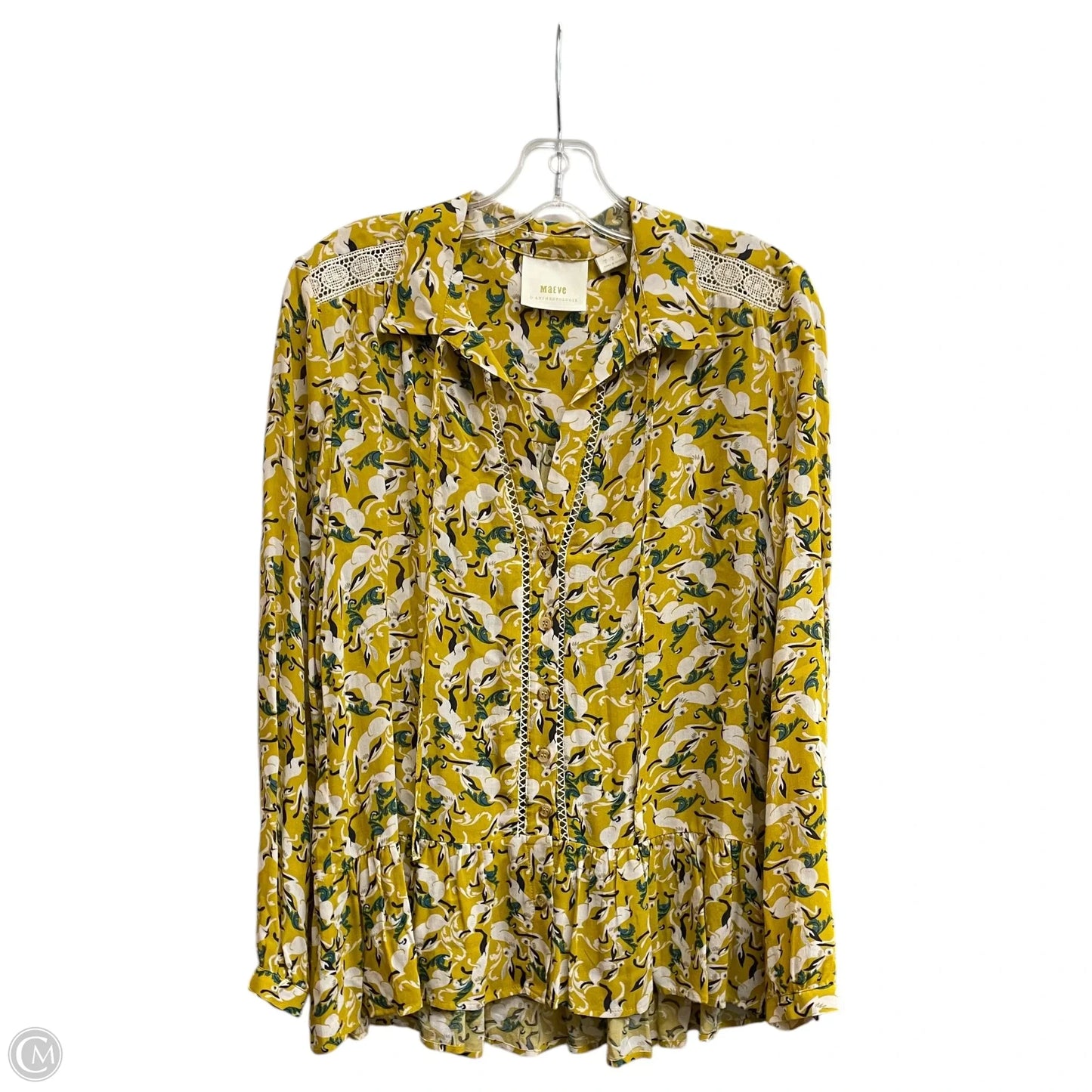 Blouse Long Sleeve By Maeve In White & Yellow, Size: 4