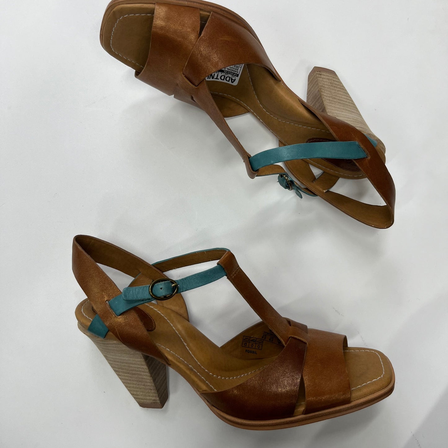 Brown Sandals Heels Block Fossil, Size 8.5