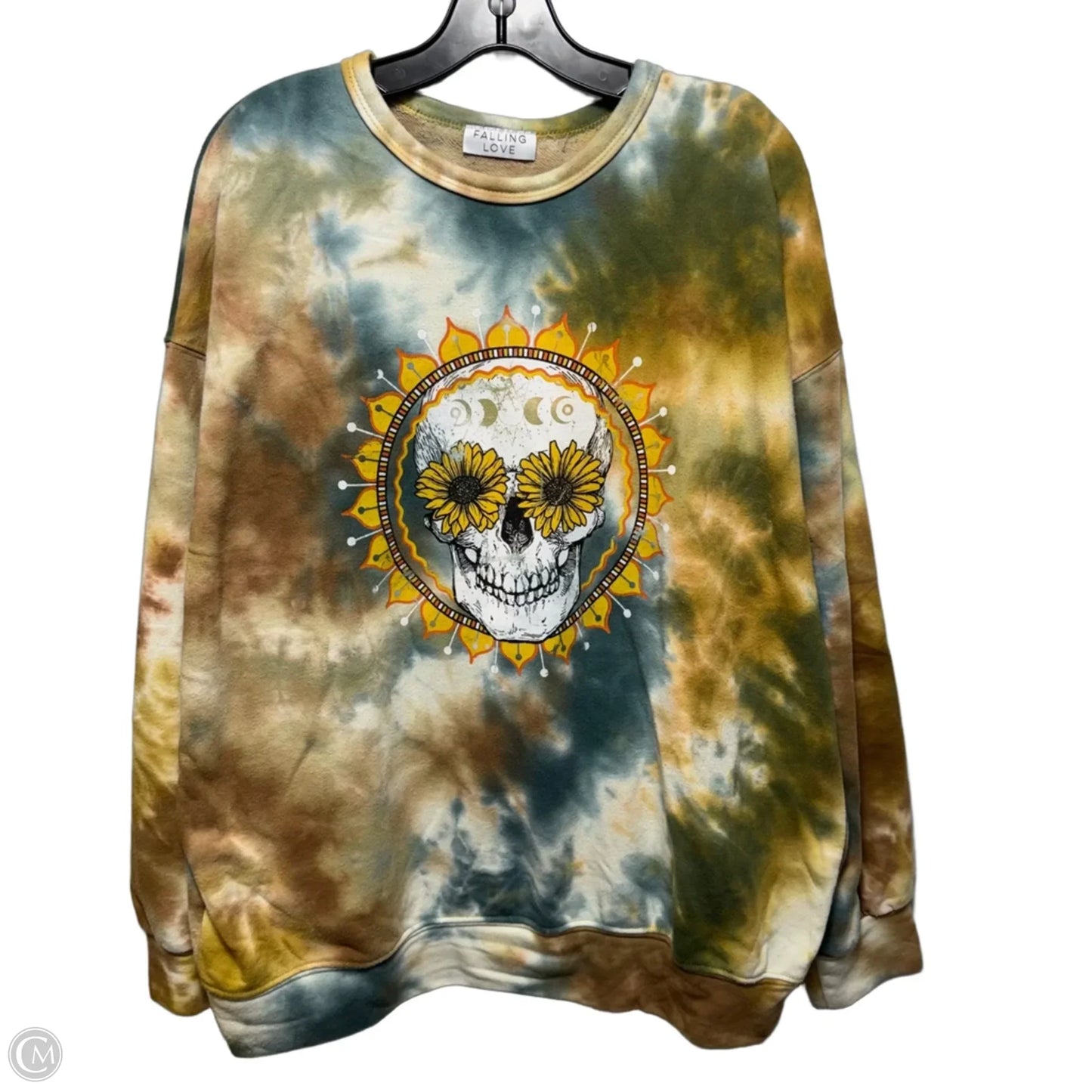 Sunflower Skull Graphic Top Long Sleeve By Falling Love In Tie Dye Print, Size: M
