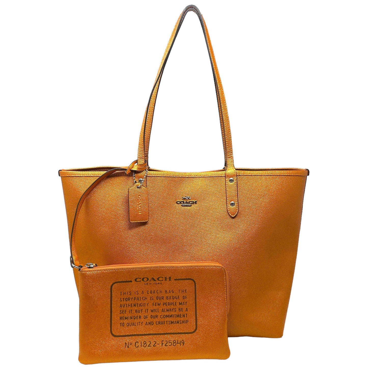Reversible City Tote with Pouch -Signature Canvas Khaki/Metallic Tangerine Designer By Coach  Size: Large