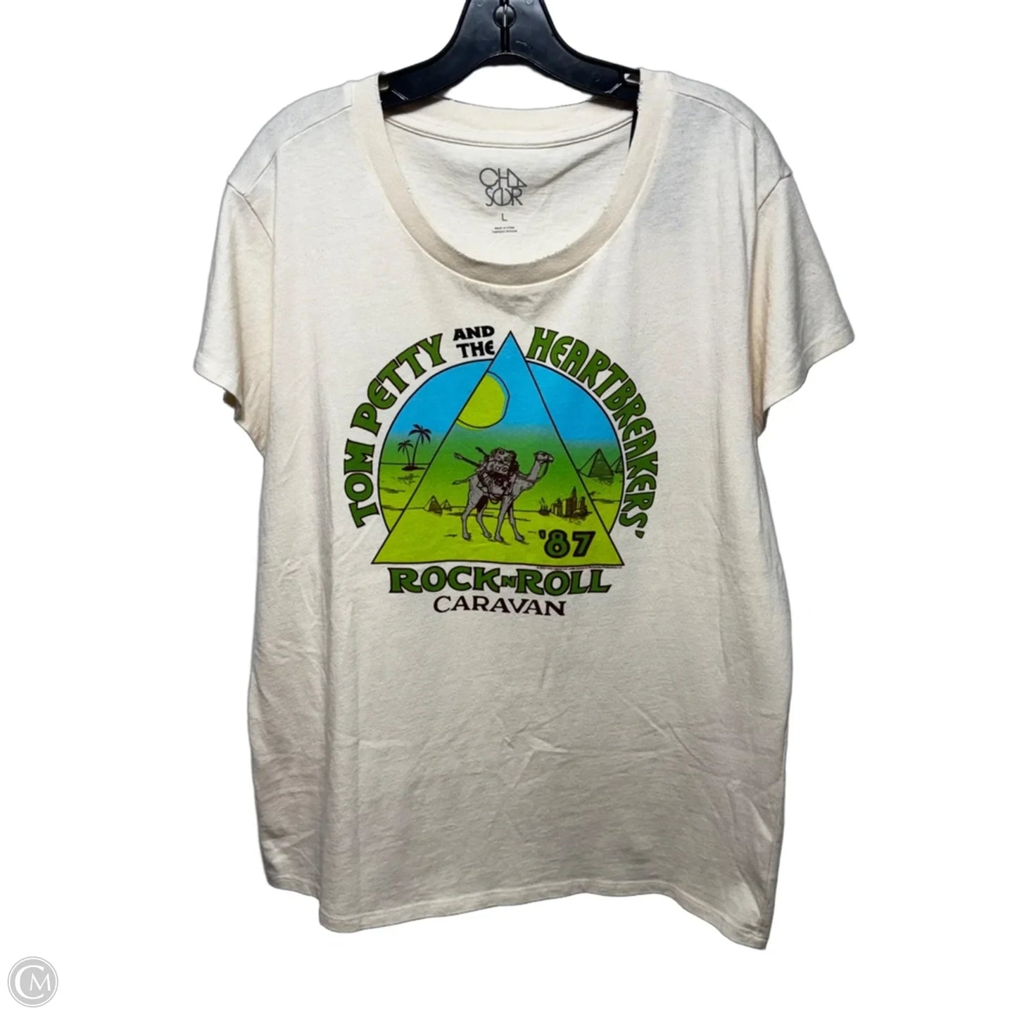 Tom Petty Top Short Sleeve By Clothes Mentor In Cream & Green, Size: L