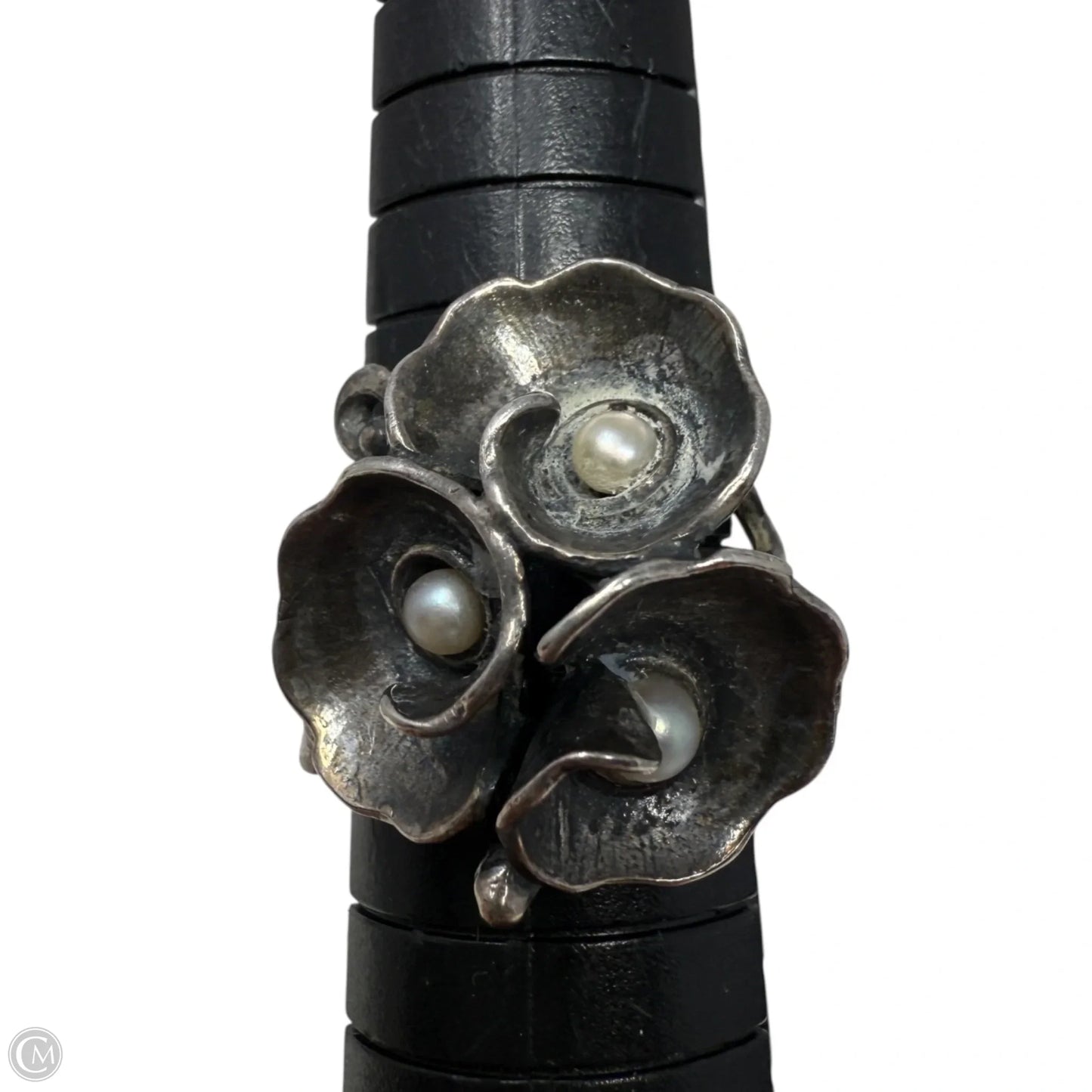 Vintage Sterling Silver Filigree Three Flower Pearl Cocktail Ring, Size: 7