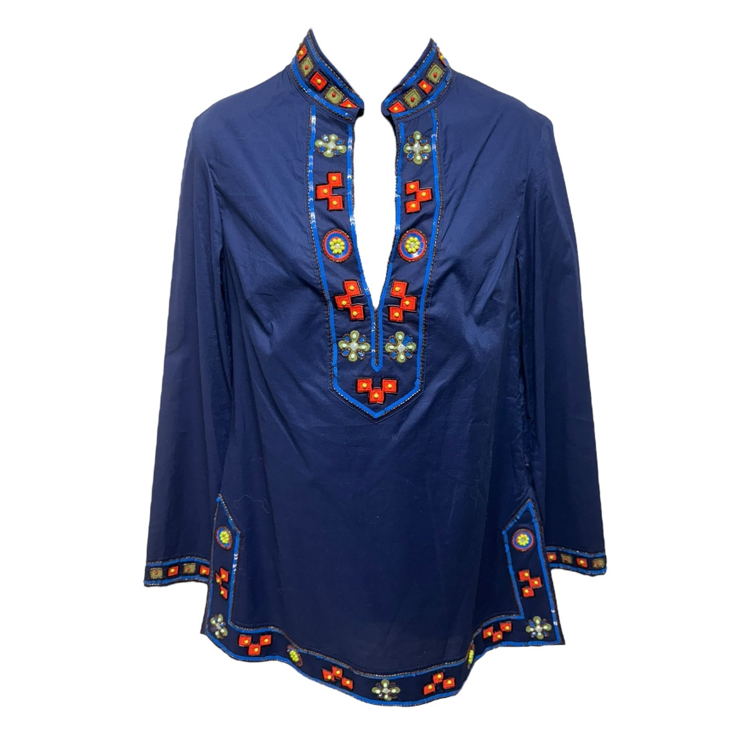 Tory Burch NWT hot Tory Tunic Beaded Embroidered Long Sleeve Top Black/Blue Size 2