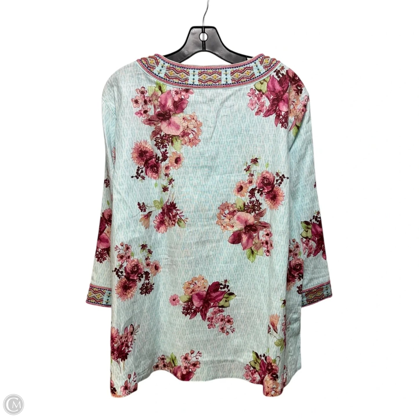 Linen Blend Floral Print Embroidered Beaded Split V-Neck 3/4 Sleeve Hi-Low Hem Tunic By John Mark In Blue, Size: 1X
