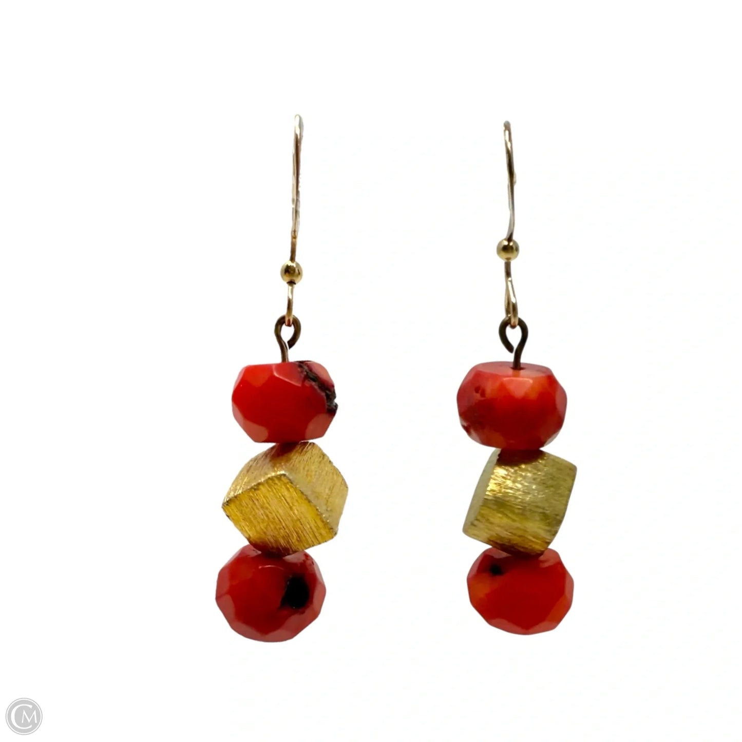 Faceted Red Coral & Brushed Vermeil Box Beaded French Wire Earrings