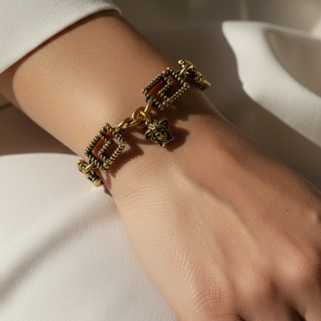 Greca Antique Gold Tone Metal Bracelet Luxury Designer By Versace
