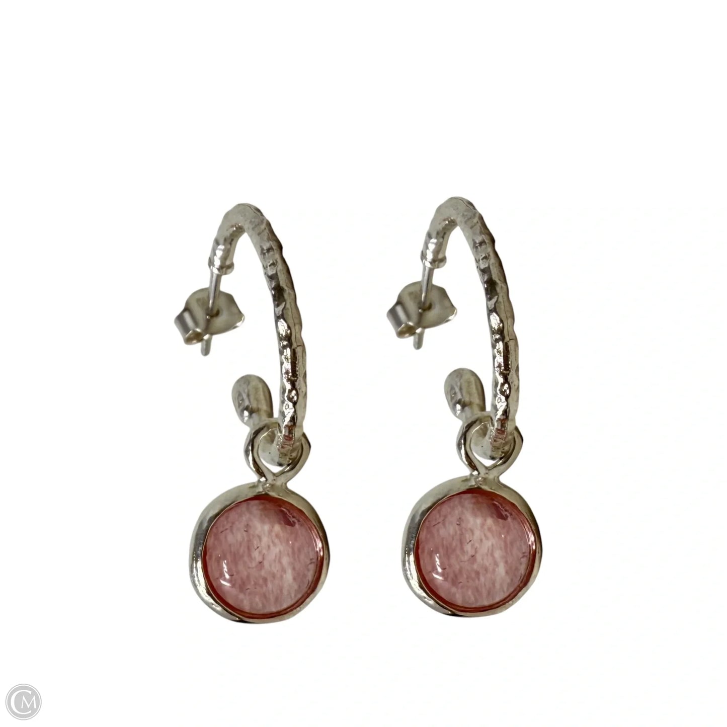 Hammered Silver Tone & Pink Drop Hoop Earrings