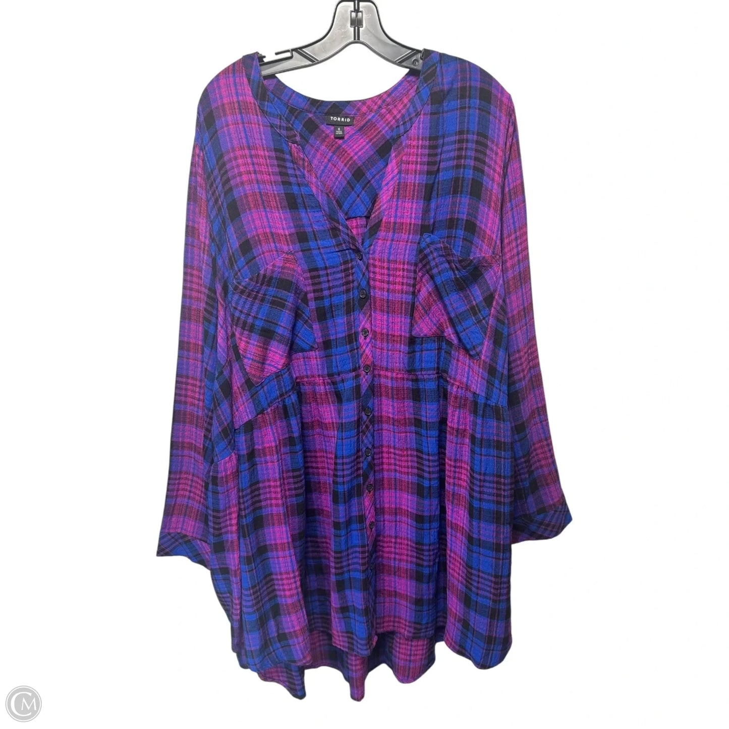 Emma Babydoll Crinkle Gauze Long Sleeve Tunic Top By Torrid In Plaid Pattern, Size: 6x