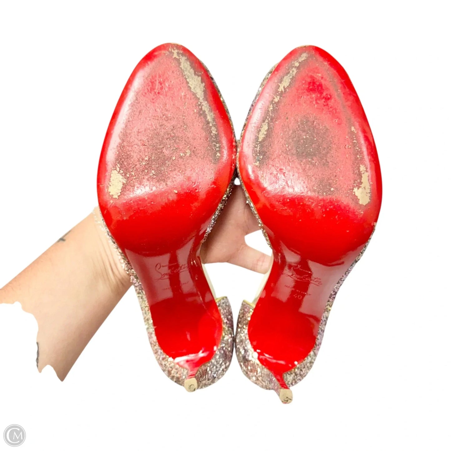 Sandals Luxury Designer By Christian Louboutin In Gold & Purple, Size: 9.5