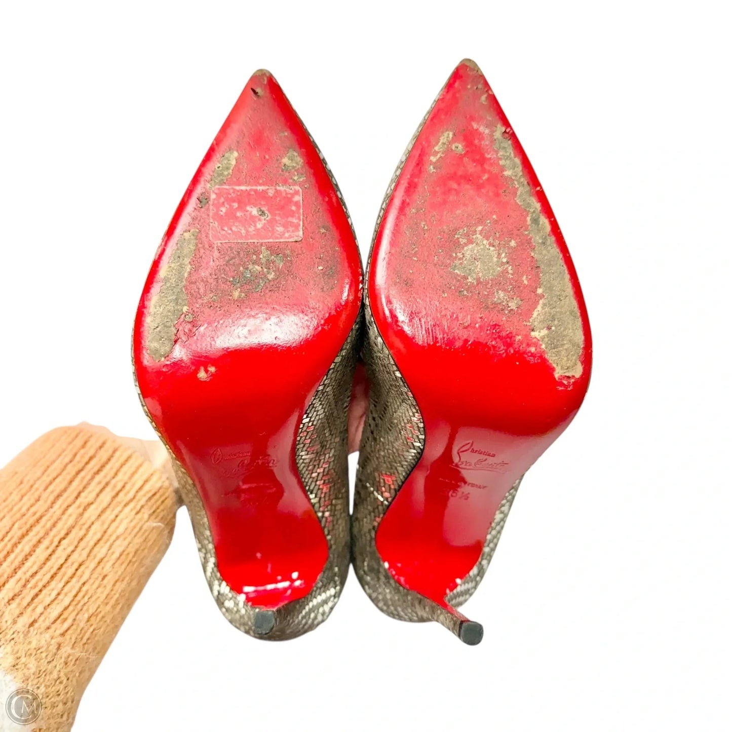 Shoes Luxury Designer By Christian Louboutin In Silver, Size: 6