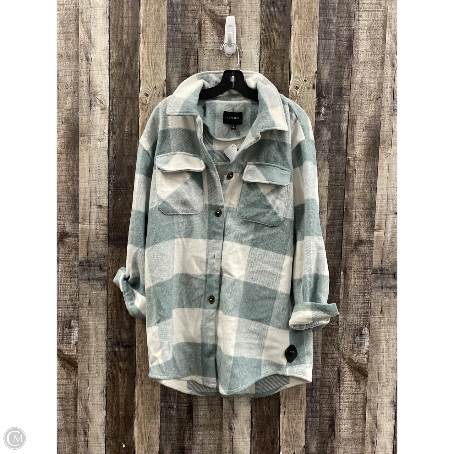 Jacket Shirt By Love Tree In Green & White, Size: S