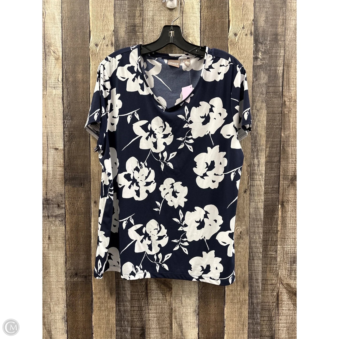 Top Short Sleeve By Chicos In Blue & White, Size: Xl