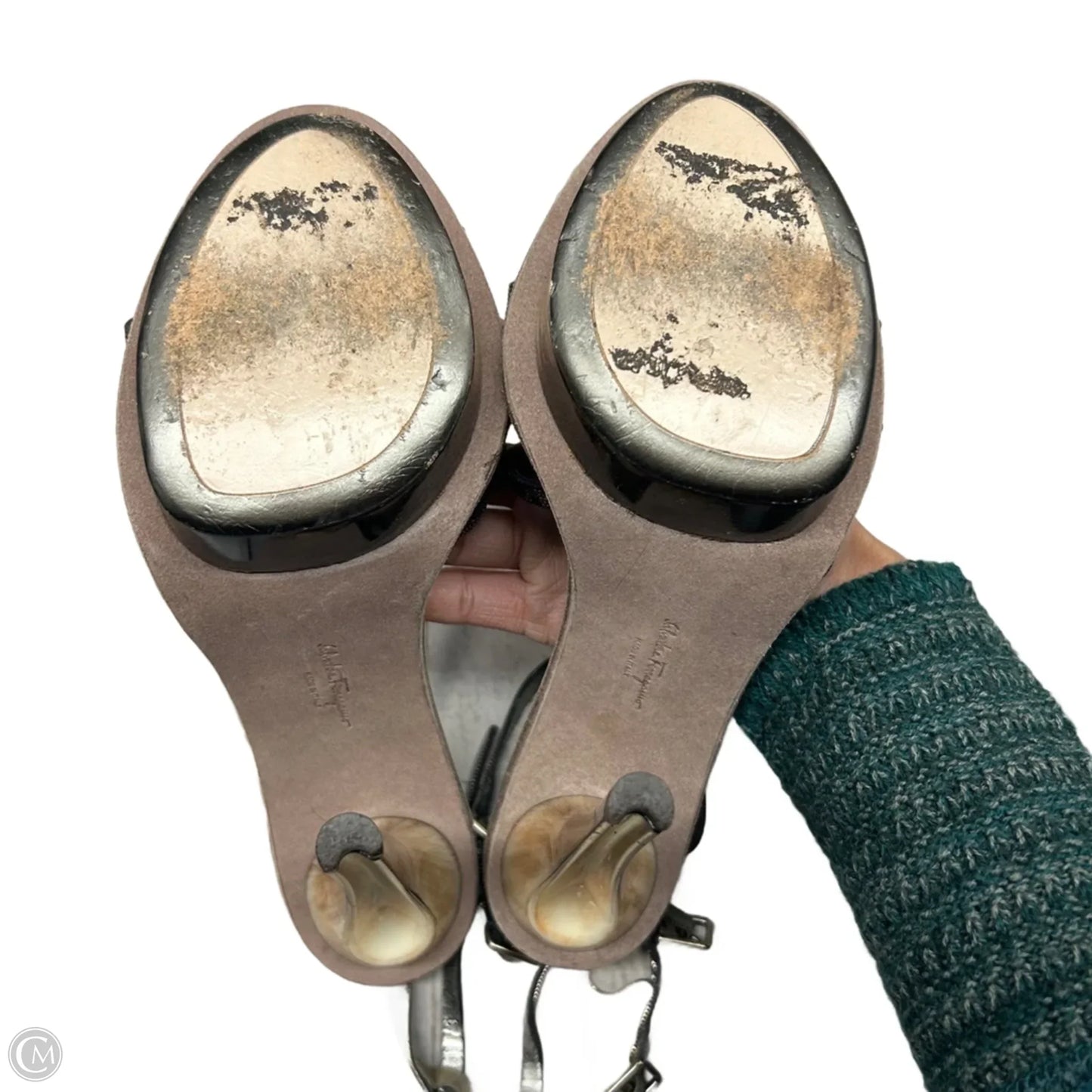 Sandals Luxury Designer By Ferragamo In Bronze, Size: 7.5